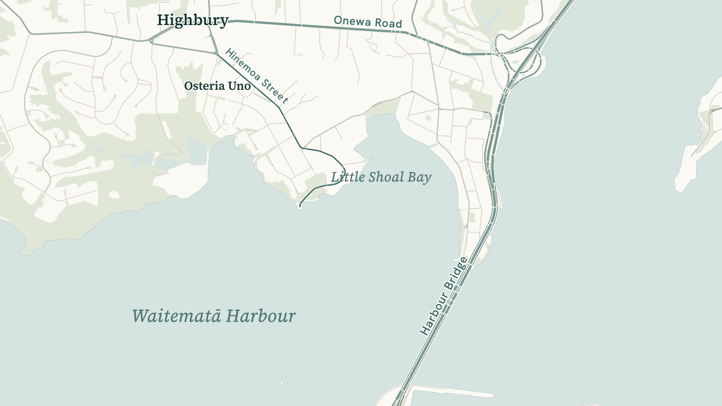 Map of Birkenhead Point showing Hinemoa Street, Onewa Road, Highbury, Little Shoal Bay and the Harbour Bridge.